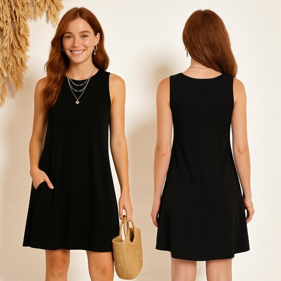 🆕 Comfy Black Sleeveless Minimalist Dress with Pockets Soft Stretchy Fabric - Picture 1 of 10